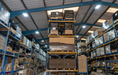 A photo of Shoptek's large stocks of display shelving in our Leicestershire warehouse