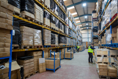 A photos showing the vast stocks of shelving and display units held in the Shoptek warehouse